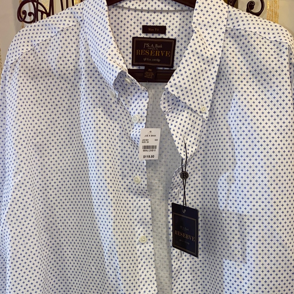 JoS. A. Bank linen blend 2X SLIM Fit White Dress Shirt with Navy Dot Pattern